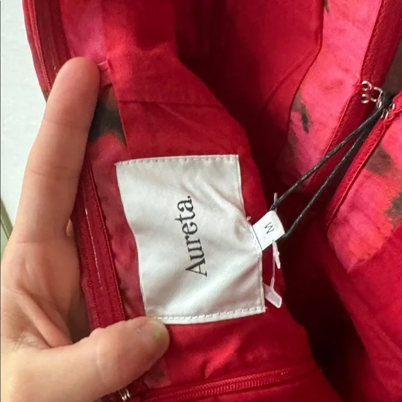 Aureta Alia Mini Dress Red Pink Black Tie Dye Bubble Strapless Rubellite M - Picture 5 of 5